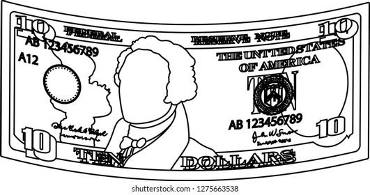 Deformed 10 US dollar banknote outline