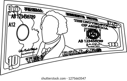 Deformed 10 US dollar banknote outline