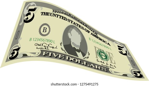 Deformed 5 US dollar banknote