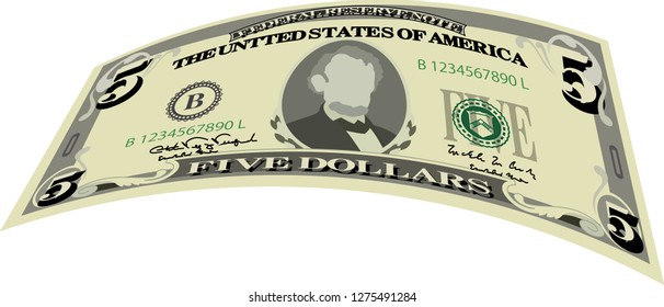 Deformed 5 US dollar banknote
