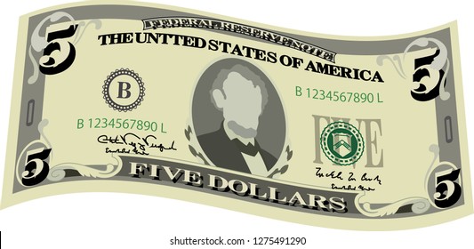 Deformed 5 US dollar banknote