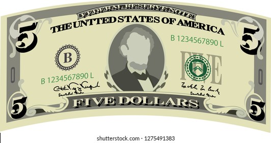Deformed 5 US dollar banknote