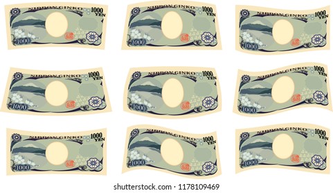Deformed Back side o Japans 1000 yen note set.It means Japanese 1000 yen information.