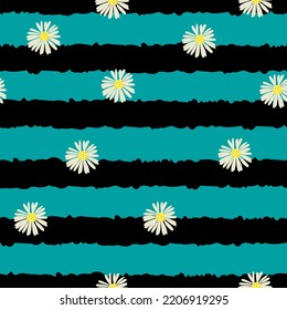 Deformed black stripes with daisy flowers seamless vector repeat pattern. Long black stripes with daisy flowers seamless simple repeat pattern design. It is suitable for interior, tile, fabric.