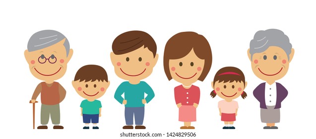 deformed cartoon big family flat vector illustration standing in a row (asian family).