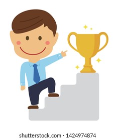 deformed cartoon businessman illustration of going up the stairs aiming at trophy ( asian worker)