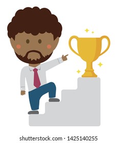 deformed cartoon businessman illustration of going up the stairs aiming at trophy ( black businessman)