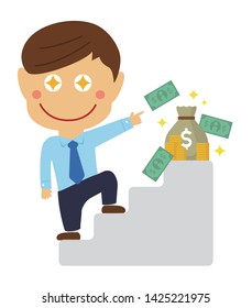 deformed cartoon businessman illustration of going up the stairs aiming to get money ( asian worker)