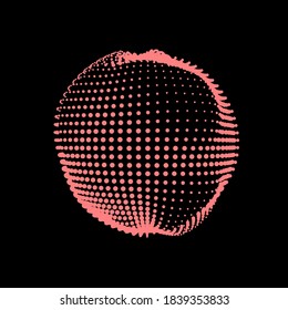 A deformed deflating sphere formed from a sea of dots. An unstable nonequilibrium sphere, iridescent with abstract smooth deformations. Vector shape for an extraordinary logo.