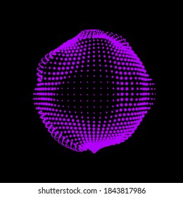 A deformed deflating sphere formed from a sea of dots. An unstable nonequilibrium sphere, iridescent with abstract smooth deformations. Vector shape for an extraordinary logo.