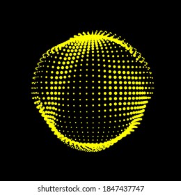 Una esfera deflacionante deformada se formó a partir de un mar de puntos. Una esfera inestable de no equilibrio, iridiscente con deformaciones suaves abstractas. Forma vectorial para un logotipo extraordinario.