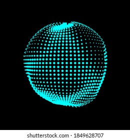 Una esfera deflacionante deformada se formó a partir de un mar de puntos. Una esfera inestable de no equilibrio, iridiscente con deformaciones suaves abstractas. Forma vectorial para un logotipo extraordinario.