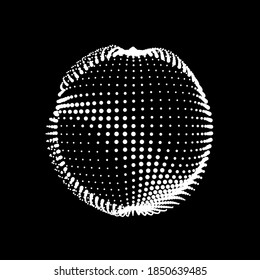 A deformed deflating sphere formed from a sea of dots. An unstable nonequilibrium sphere, iridescent with abstract smooth deformations. Vector shape for an extraordinary logo.