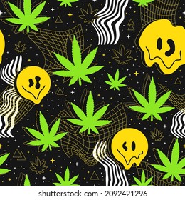 Deformed Flex Distorted Grid In Space,melt Smile Face,weed Cannabis Leaf Seamless Pattern.Vector Graphic Illustration.Psychedelic Melting Grid,distortion,techno,marijuana,weed Seamless Pattern Print