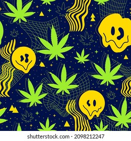 Deformed Flex Distorted Grid In Space,melt Smile Smiley Face,weed Cannabis Leaf Seamless Pattern.Vector Smiley Emoji Graphic Illustration