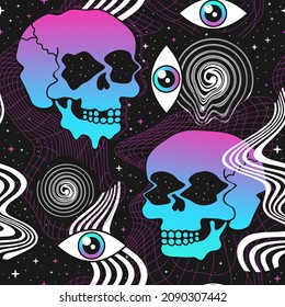 Deformed Flex Distorted Grid In Space,stars,melt Psychedelic Skull Seamless Pattern.Vector Graphic Illustration.Psychedelic Grid,distortion,techno,acid Trippy Skull Seamless Pattern Print