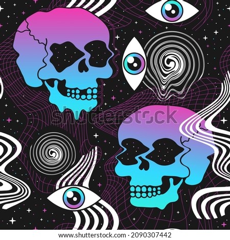 Deformed flex distorted grid in space,stars,melt psychedelic skull seamless pattern.Vector graphic illustration.Psychedelic grid,distortion,techno,acid trippy skull seamless pattern print