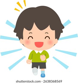 A deformed illustration of a boy running with a smile