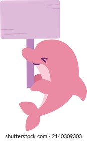 Deformed illustration of a dolphin holding an information board (pink)
