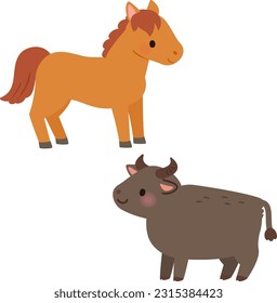 Deformed illustration of a horse and a cow