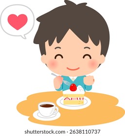 Deformed illustration of a smiling man eating cake