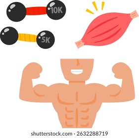 Deformed illustration of upper body with dumbbells and muscles