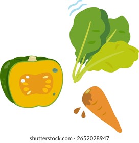 Deformed illustrations of wilted or moldy vegetables
