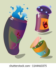 Deformed open vessels. Liquid spilled and tablets scattered.
