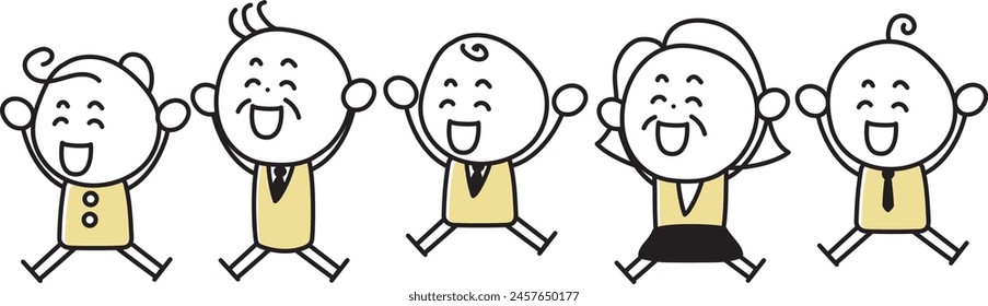 Deformed people of all ages and genders jumping up with smiles