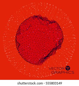 Deformed spherical wireframe shape with rays going from center outward on red background.  Wireframe and dot concept for data, scientist, technological design work.