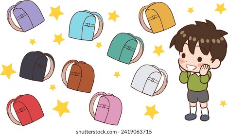 Deformed vector illustration of a child longing for a colorful school bag.