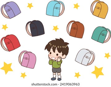 Ilustración vectorial deformada de un niño que anhela una bolsa colorida.