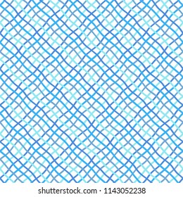 Deformed, warped, distorted hand drawn lattice, fishing net, trellis, grating texture, pattern. Navy blue sea, marine, seamless vector background. Mesh made of crossing wavy diagonal doodle stripes.