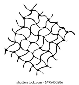 Deformed, warped, distorted hand drawn lattice, fishing net, trellis, grating texture, pattern. Black and white vector background. Crossing wavy diagonal doodle style stripes.