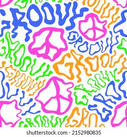 Deformed wavy groovy word and peace sign seamless pattern wallpaper.Vector graphic character illustration.Groovy,trippy lettering,lsd,acid,60s,70s,psychedelic seamless pattern wallpaper print concept