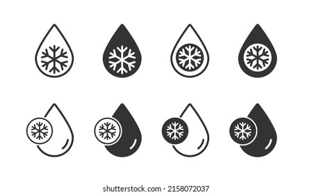 Defrost icon set. Snowflake and drop icon. Flat vector illustration.