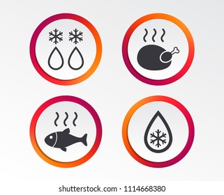 Defrosting drop and snowflake icons. Hot fish and chicken signs. From ice to water symbol. Infographic design buttons. Circle templates. Vector