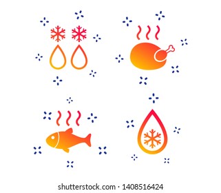 Defrosting drop and snowflake icons. Hot fish and chicken signs. From ice to water symbol. Random dynamic shapes. Gradient defrosting icon. Vector