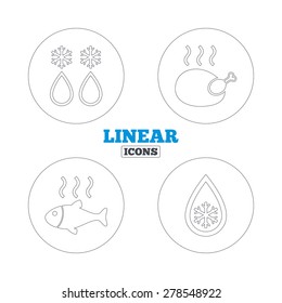 Defrosting drop and snowflake icons. Hot fish and chicken signs. From ice to water symbol. Linear outline web icons. Vector