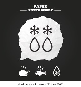 Defrosting drop and snowflake icons. Hot fish and chicken signs. From ice to water symbol. Paper speech bubble with icon.