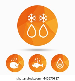 Defrosting drop and snowflake icons. Hot fish and chicken signs. From ice to water symbol. Triangular low poly buttons with shadow. Vector