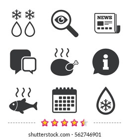 Defrosting drop and snowflake icons. Hot fish and chicken signs. From ice to water symbol. Newspaper, information and calendar icons. Investigate magnifier, chat symbol. Vector