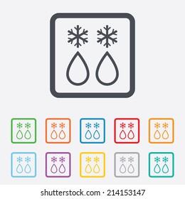 Defrosting sign icon. From ice to water symbol. Round squares buttons with frame. Vector