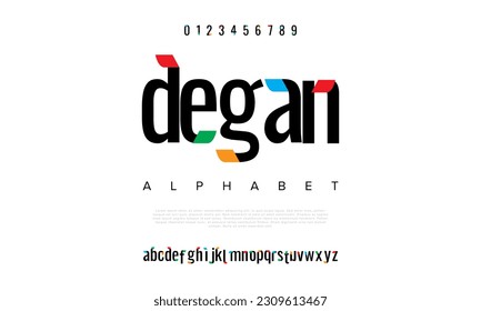 Alfabeto de tipo de letra del logotipo de tecnología digital abstracta en color degan. Fuentes urbanas modernas mínimas para logotipo, marca, etc. Tipografía tipo de letra mayúsculas minúsculas y número. ilustración vectorial