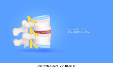 Degenerated disc that make back and neck pain. Examples of disc degeneration. Spinal with nerve cord yellow. Vertebral bone organ. Medical diagnosis concept. Vector EPS10.