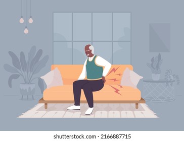 Degenerative joint disease in elderly flat color vector illustration. Old man with aching back. Painful health condition. Fully editable 2D simple cartoon character with cozy interior on background