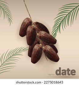 Deglet Nour date fruits with leaves isolated on sand desert color background. ramadan iftar food