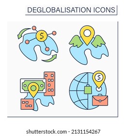 Conjunto de iconos de color de la descabalización. Globalización inversa, resurgimiento local y mercado. redistribución de ingresos. Concepto de economía mundial. Ilustraciones vectoriales aisladas