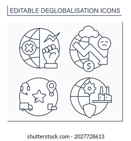 Deglobalisation line icons set. Anti globalism, economic depression, american supply chains. Strengthening manufacturing. World economy concept. Isolated vector illustration. Editable stroke