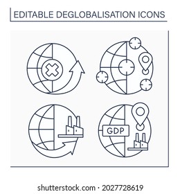 Deglobalisation line icons set. Domestic production, negative growth, reshoring, subsidiarity. World economy concept. Isolated vector illustration. Editable stroke